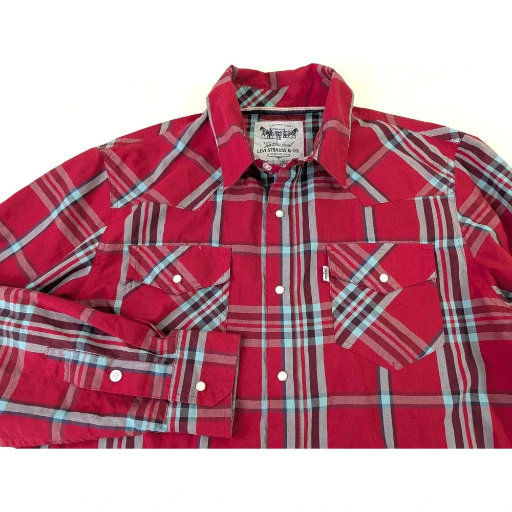 Levis Western Pearl Snap Shirt Mens M Red Plaid Yoke‎ Flap Pockets Cowboy Rodeo